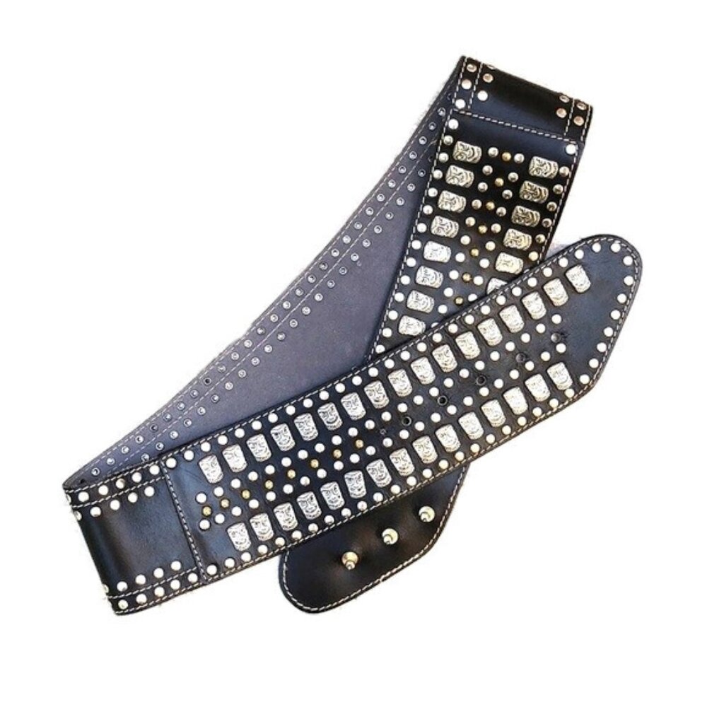 Black Leather Curved Tiki Belt Silver Figural Studs Gold Length 42" Width 3"